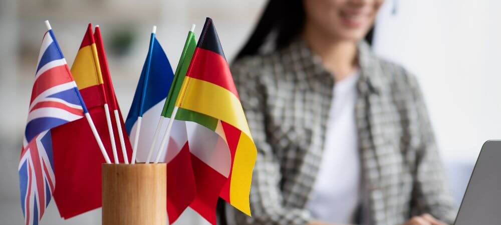 Fanions de pays européens devant une femme utilisant un ordinateur