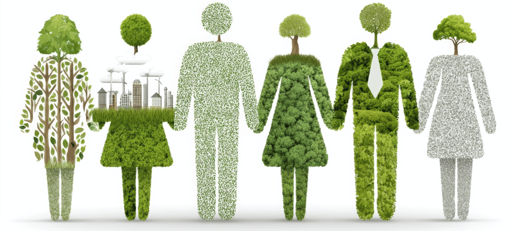 Silhouettes d'hommes et de femmes en arbres, feuilles et verdures